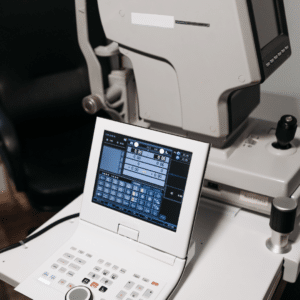 Medical diagnostic device with a control panel and digital screen displaying test results, used for optical measurements.