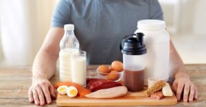 Side-by-side comparison of protein powder and food products illustrating protein supplements vs food Canada classification under Health Canada