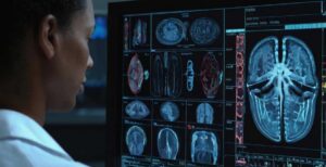 Radiologist reviewing AI-assisted medical imaging software on a workstation