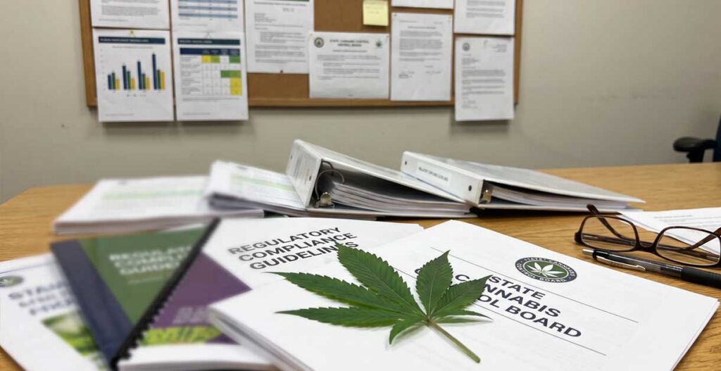 Cannabis leaf and regulatory compliance materials in the background