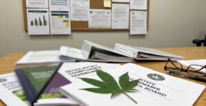 Cannabis leaf and regulatory compliance materials in the background